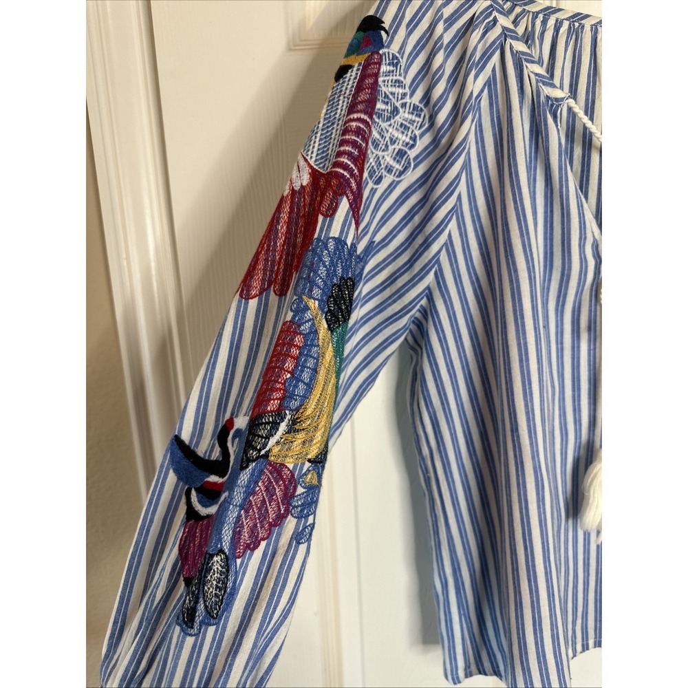 Anthropologie Seen Worn Kept Parrot Embroidered Sleeve Blouse Sz 4 Striped Boho - Picture 3 of 9